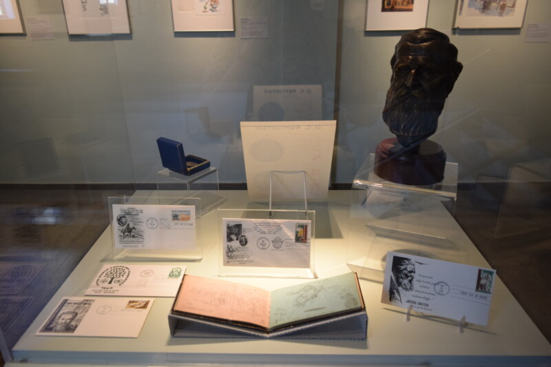 display-case-stamps-muir-at-reading-public-museum